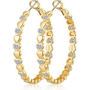 14k Gold Plated 40mm Heart Cubic Zirconia Rhinestone Hoop Earring for Women